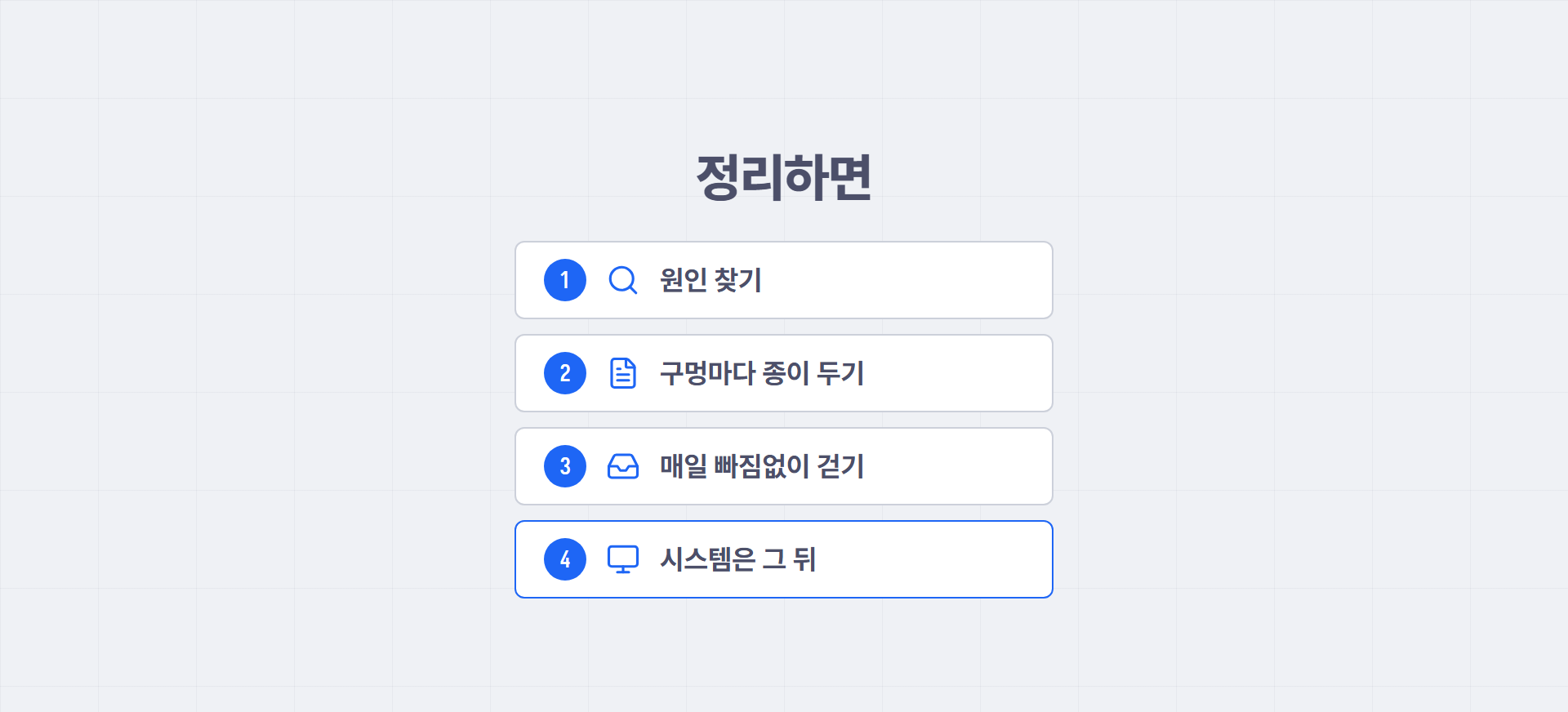 원인 찾기, 구멍마다 종이 두기, 매일 빠짐없이 걷기, 시스템은 그 뒤 순서로 정리한 4단계 도해